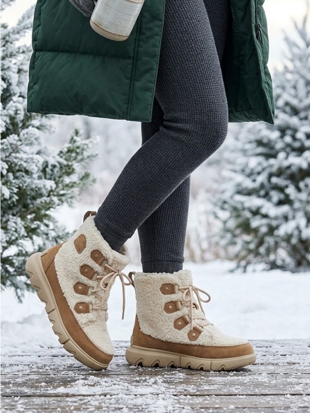 Sorel Women's Cream Sherpa Lace-Up Winter Boots with Tan Suede
